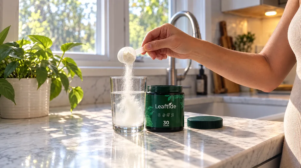 A scoop of Leaftide white powder going into a glass of water next to the green jar