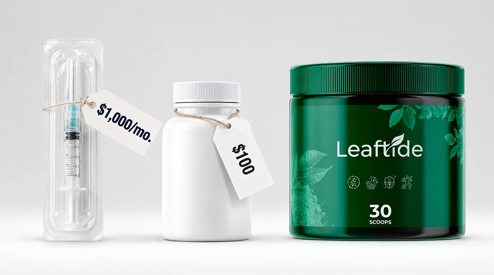 A Leaftide jar shown next to other weight-management product formats and their price tags