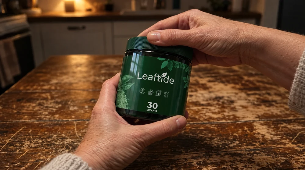 A Leaftide jar held in two hands over a wooden table
