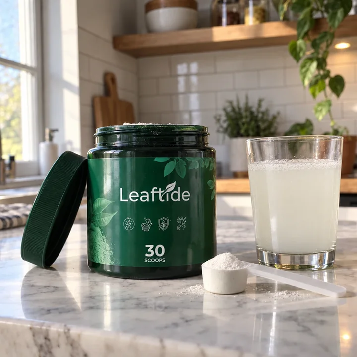 Open Leaftide jar with the measuring scoop and a glass of water