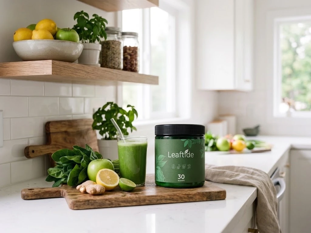 A health supplement jar on a modern kitchen counter alongside fresh ingredients