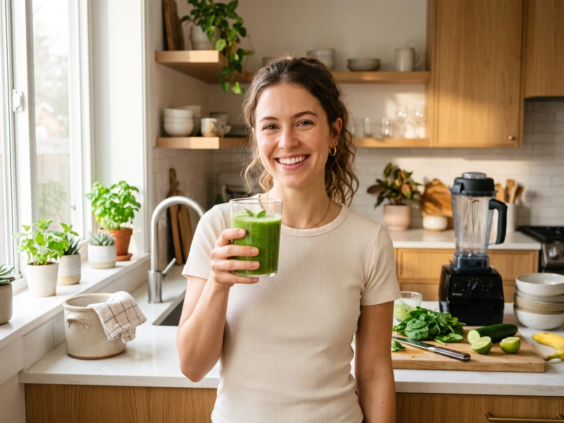 A woman enjoying a green wellness drink in the morning