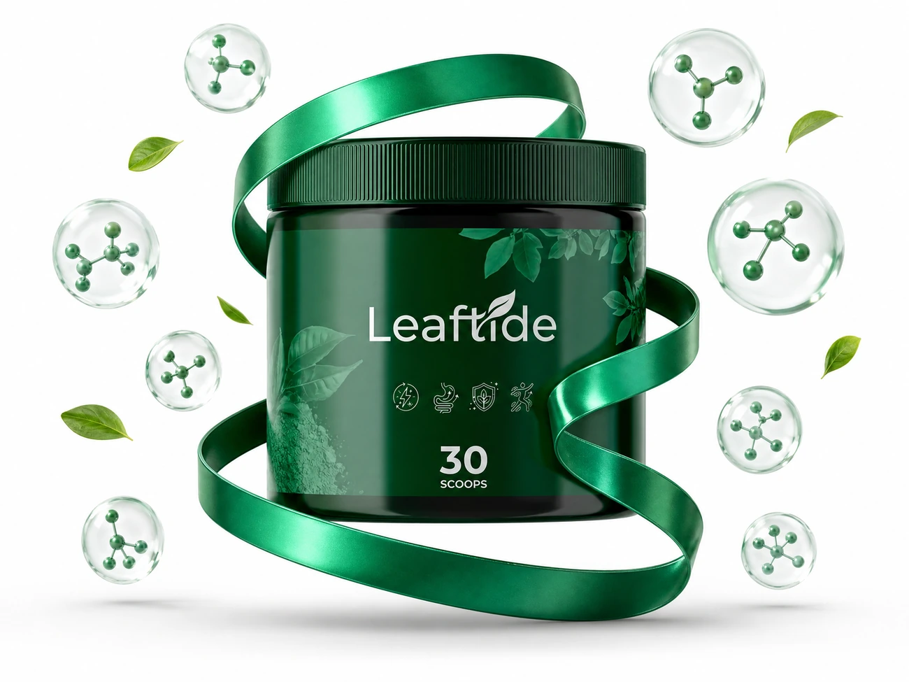 A jar of Leaftide next to a prepared green morning drink